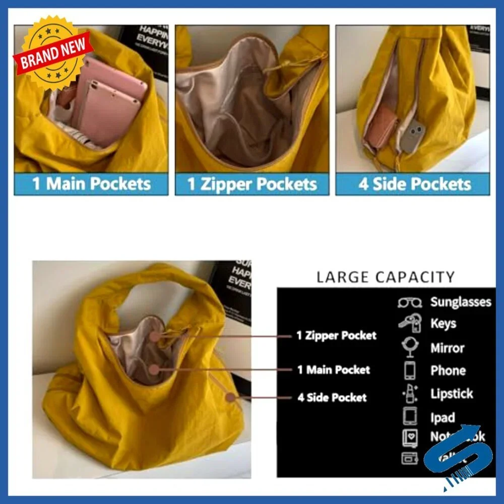 Large Nylon Hobo Shoulder Bag Tote with Zipper Closure